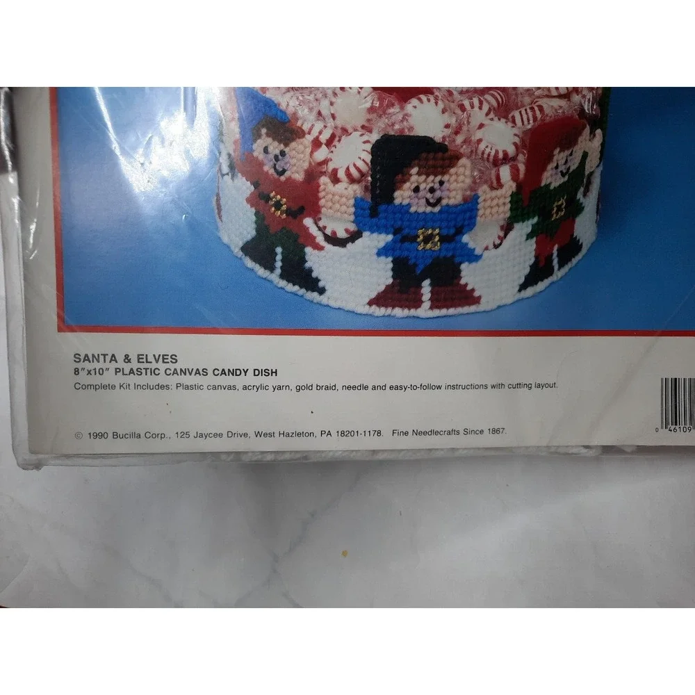 Vintage 1990 Bucilla Christmas Santa & Elves 61139 Plastic Canvas Candy Dish